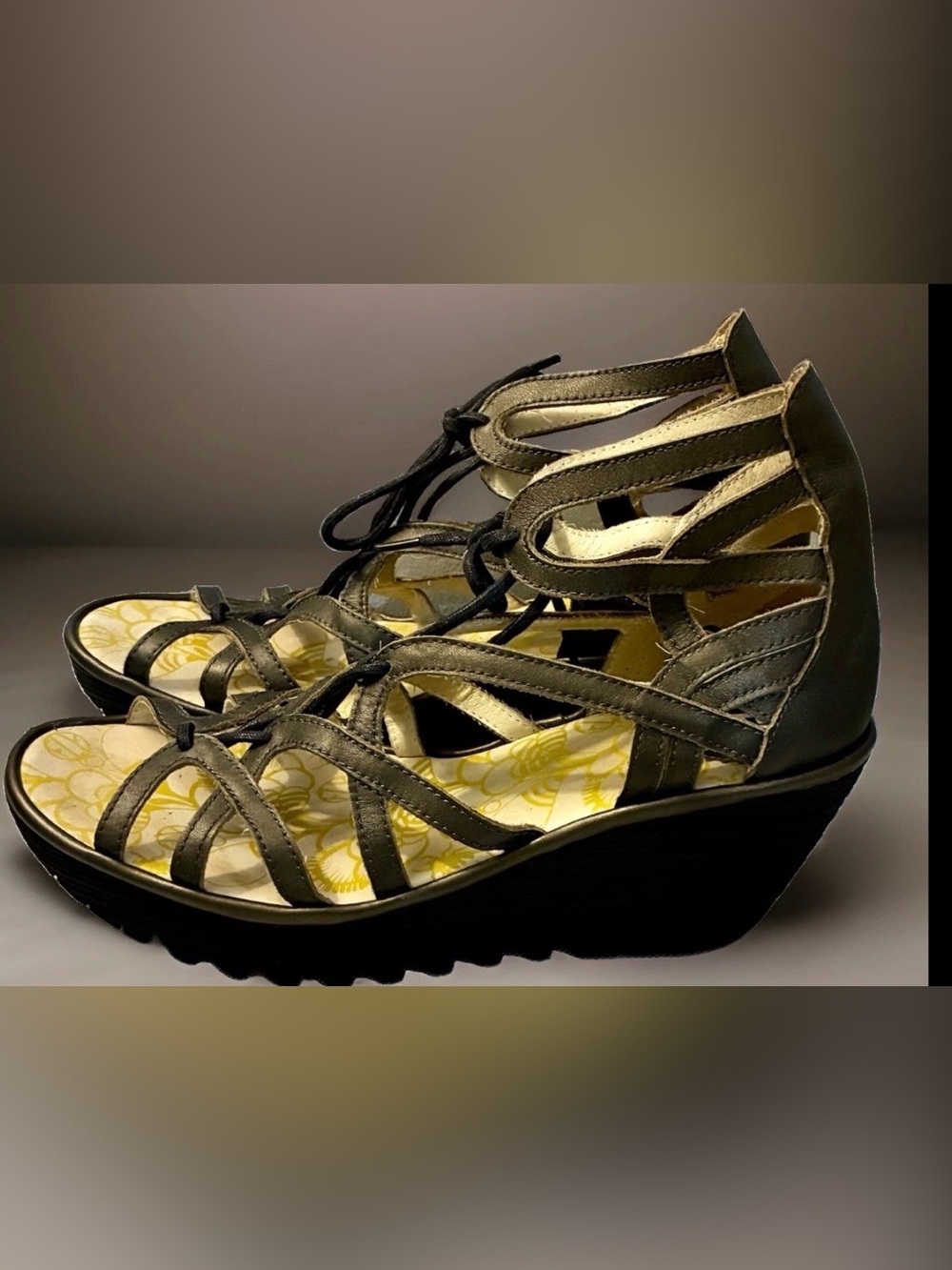 FLY LONDON Size 11.5 / 42 Wedge Strappy Sandals Pewter Metallic Gray